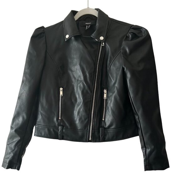 Vegan Leather Puff Sleeve Moto Jacket Forever 21 Women's Size XS Biker Like New - Picture 15 of 15